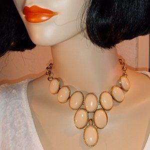 OVAL TAN COLLAR NECKLACE with GOLD TONE TRIM & CHAIN